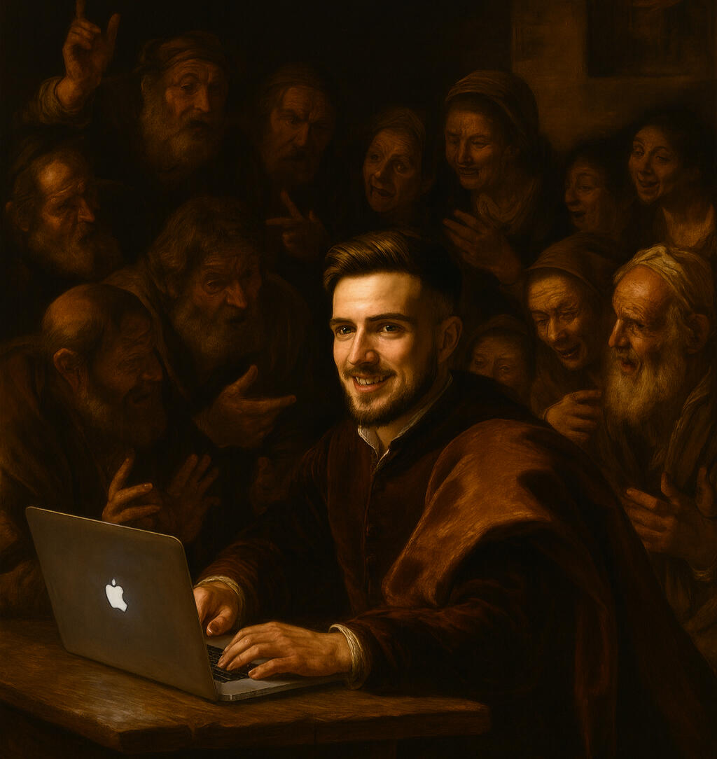 A Baroque-style oil painting featuring dramatic chiaroscuro lighting. At the center, a young man with fair skin, neatly styled short brown hair, and a trimmed beard sits at a rustic wooden table, using a silver MacBook that emits a soft glow. He wears a da